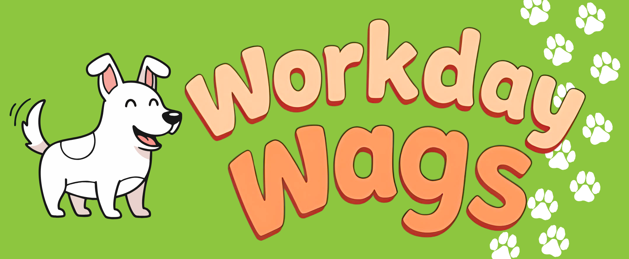 Workday Wags heading with happy dog and paw prints
